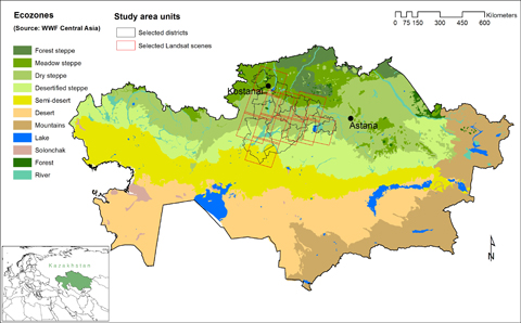 Study area. (Click to enlarge) The red frames depict 11 Landsat scenes selected for the remote-sensing analyses. Agricultural and biophysical data has been collected in 14 raions (districts) across Kostanai and Akmola oblasts (marked in black). Biodiversity surveys will cover the entire region.