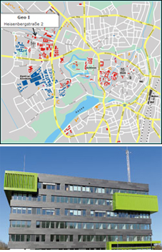 Top: Location plan of the GEO1; bottom: Geo1 building