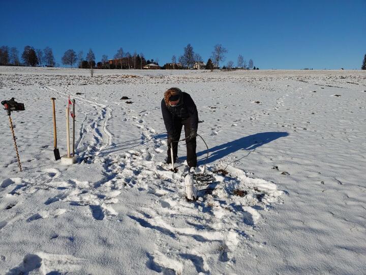Installation of a profile probe for measuring soil temperature and soil moisture.