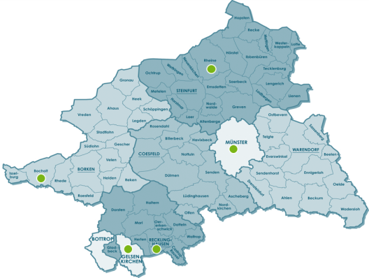 Karte der Ausbildungsregion des Praxissemesters, dem Regierungsbezirk Münster