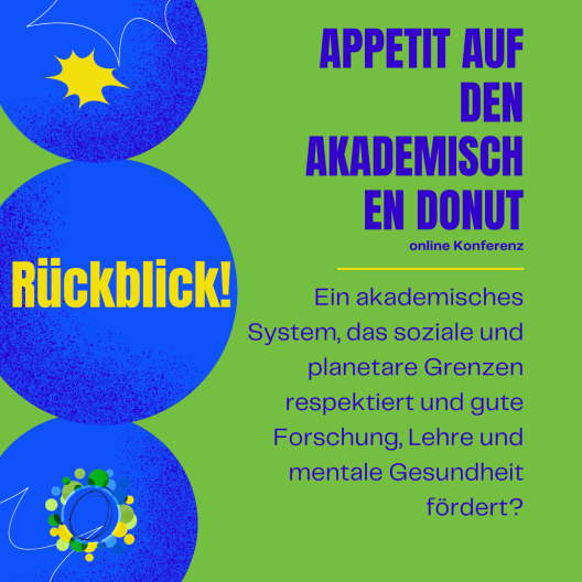 Am 21. und 22. Januar 2025 fand unsere Online-Konferenz statt. Der Fokus lag darauf, wie ein akademisches System gestaltet sein kann, das soziale und planetare Grenzen respektiert – und gleichzeitig Forschung, Lehre sowie mentale Gesundheit fördert. An den beiden Tagen diskutierten wir in insgesamt elf Vorträgen gemeinsam, wie ein nachhaltiges akademisches System in Deutschland entwickelt werden kann. Im Zentrum stand das Konzept des Academic Donut von Clare Kelly und Anne Urai (2023), das aufzeigt, wie Forschung, Lehre und mentale Gesundheit innerhalb sozialer und planetarer Grenzen nachhaltig gefördert werden können. Der virtuelle Raum bot Gelegenheit zur Analyse der aktuellen akademischen Praxis, zur Entwicklung von Visionen und konkreten Maßnahmen für ein zukunftsfähiges System – sowie zu einem inspirierenden Austausch über Veränderung auf institutioneller und individueller Ebene.