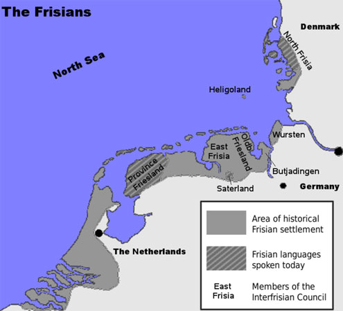 Friesisch: (Früheres) friesisches Gebiet und Gegenden, in denen noch heute Friesisch gesprochen wird
