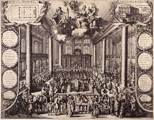 Synagoge Amsterdam Pluralistische Gesellschaft: Die portugiesische Synagoge in Amsterdam bei ihrer Einweihung, Grafik von Romeyn de Hooghe 1675