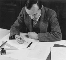 Gerd Arntz 1931 bei der Arbeit an der Isotype „arbeitslos“ in seinem Wiener Atelier