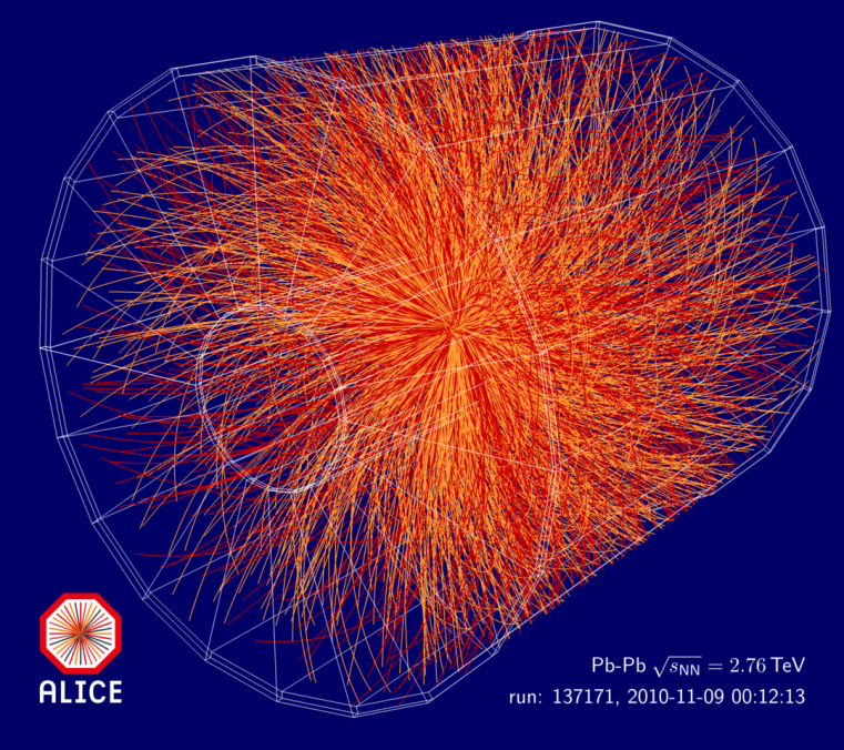 Graphical depiction of reconstructed particle tracks from a measurement of colliding lead ions with the ALICE-Detector at the LHC.