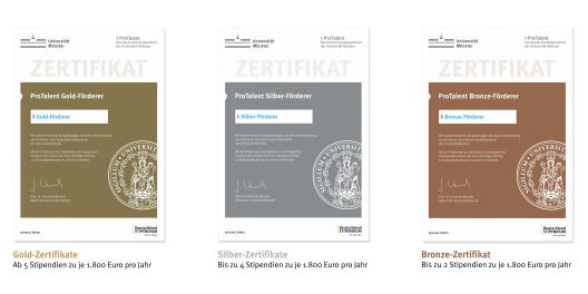 Visualisierung der drei Fördererzertifikate in Bronze, Silber und Gold je nach Förderstatus. 