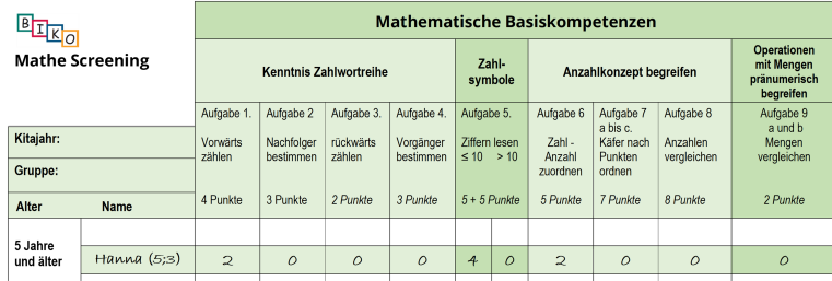 Ausschnitt aus Übersichtstabelle zum Kompetenzniveau von Hanna (5;3 Jahre;Monate)