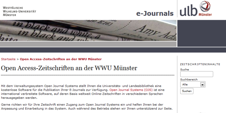 Screenshot von der Plattform für Open-Access-Zeitschriften an der WWU