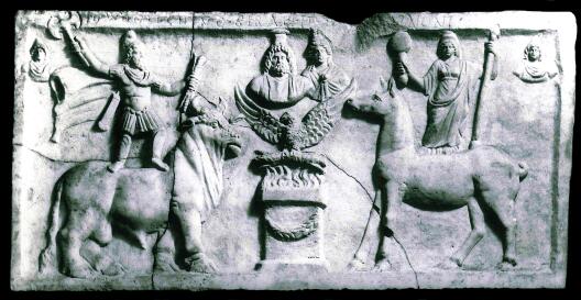 Votive relief from the Dolichenum on the Aventine (Rome) with Iuppiter Dolichenus, Iuno Regina, Isis and Sarapis. 