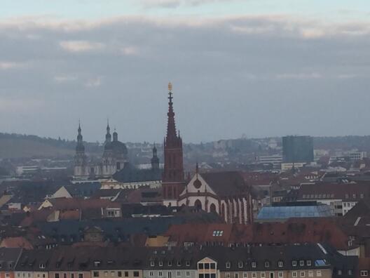 Fig. 1 Marienkapelle in Würzburg in the foreground, seen from the fortress of Marienburg. After the synagogue was demolished, or set on fire, in 1349 and a wooden chapel was built on the same spot, this stone chapel was erected in 1377. Würzburg is another example of the consecration of a church sitting on the ruins of a former synagogue and consecrated to the Christian Mother of God, Mary. The importance of this chapel can be seen in this picture even by its size and its dominance in the townscape.