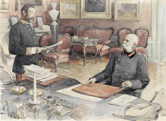Kaiser Franz Joseph I. von Österreich an seinem Schreibtisch in der Wiener Hofburg