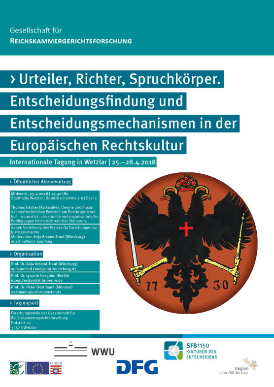 Poster of the conference "Urteiler, Richter, Spruchkörper. Entscheidungsfindung und Entscheidungsmechanismen in der Europäischen Rechtskultur"