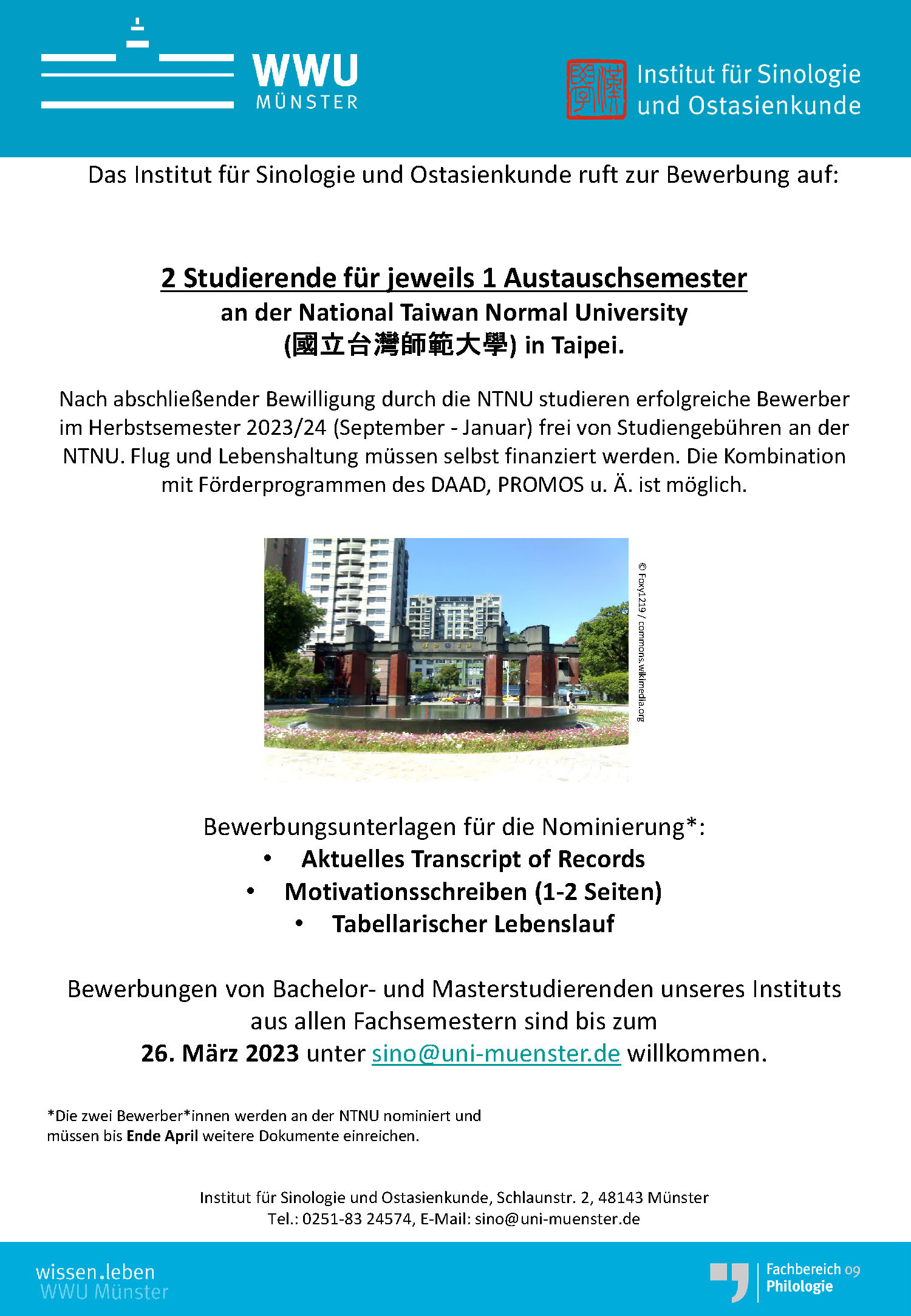 Ankündigung Bewerbung für Herbstsemester 2022/23 an der NTNU in Taiwan