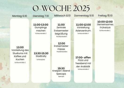 Veranstaltungen der O-Woche der Fachschaft Sinologie 2025