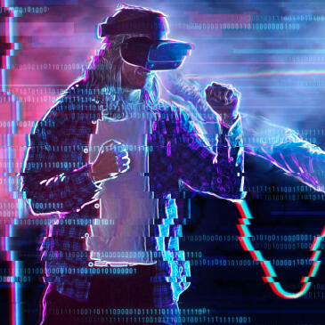 Girl and boy are playing in virtual reality game club. Young wom