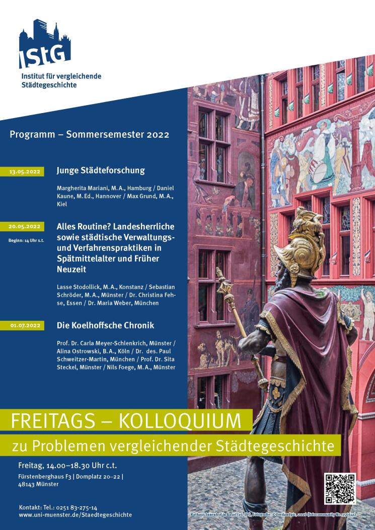 Programm Freitags-Kolloquium im Sommersemester 2022 - Bild zeigt eine Statue im Rathaus Innenhof in Basel (16. Jh)