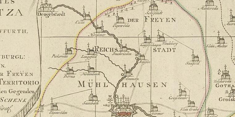 Ausschnitt aus einer historischen Karte mit einigen gezeichneten Kirchen und Wegen, dazu der Schriftzug "Der freyen Reichs Stadt Mühlhausen". 