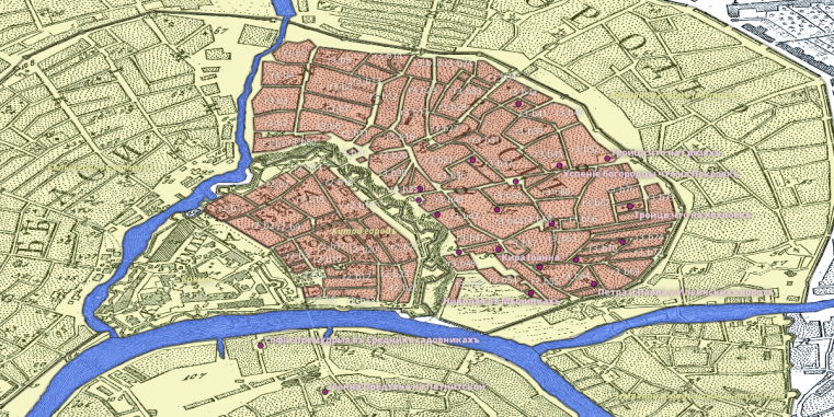 Ansicht in QGIS: Aussschnitt aus einem Stadtplan Moskaus (frühes 18. Jahrhundert)