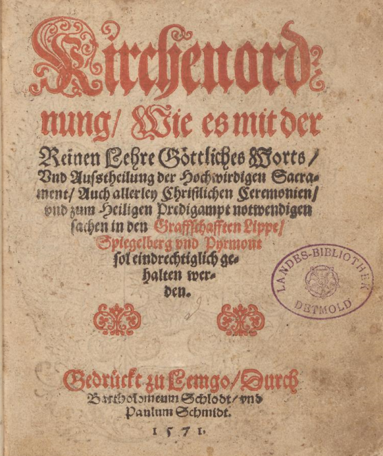 Deckblatt der Kirchenordnung Lippes, 1571