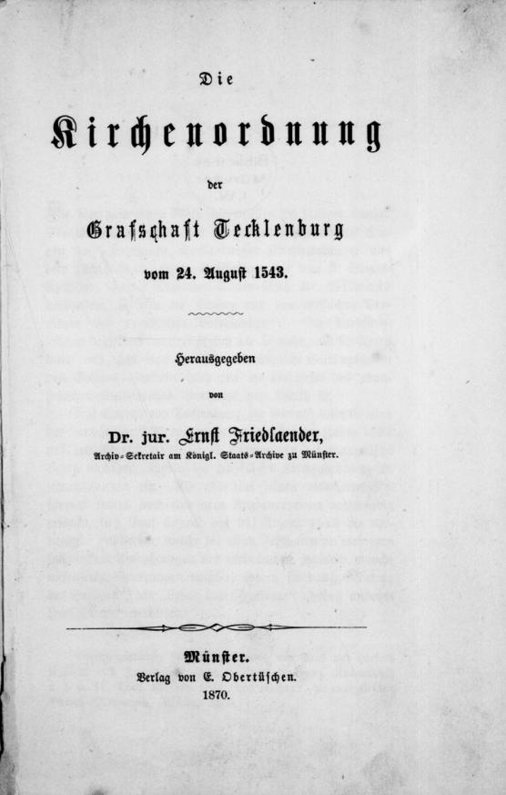 Deckblatt der 1870 erschienenen Edition der Tecklenburger Kirchenordnung von 1543