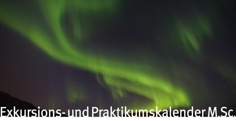 Der Schriftzug "Exkursions- und Praktikumskalender M.Sc." auf einem Bild der Aurora borealis (Nordlicht) auf Island.