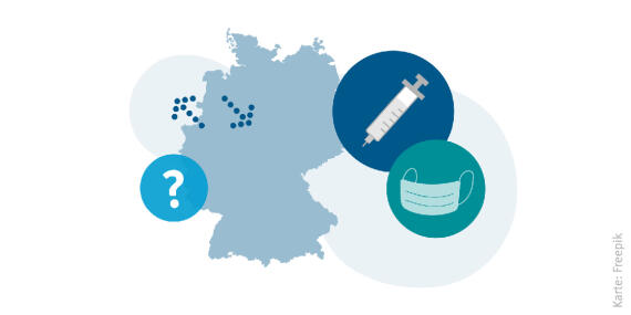 Sketch on the covid topic with a map of Germany and its neighbour countries as well as a mask and a vaccination syringe