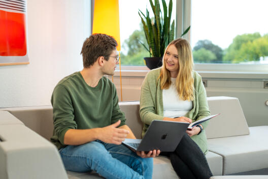Two persons sitting on a light-coloured sofa having a conversation; he has a laptop on his lap whilst she is leafing through a brochure. In the background, a houseplant and a large window with a view of greenery are visible