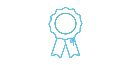 A blue pictogram of an award featuring a wavy edge at the top and two loops at the bottom.