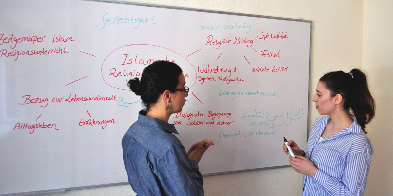 Zwei Personen stehen zueinander gewandt vor einem Whiteboard, auf dem schon einiges geschrieben steht. Die rechte Person hält einen Stift in ihren Händen.