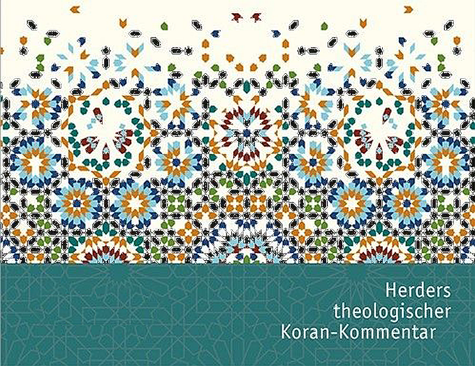 Orientalische Ornamente, oben bunt auf weißem Grund,  unteres Drittel weiß auf türkisfarbenem Grund