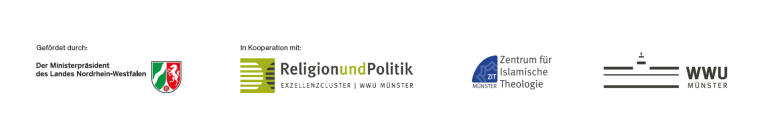 Logos der Kooperationspartner Ministerpräsident von NRW, des Exzellenzcluster „Religion und Politik“, des Zentrums für Islamische Theologie und der WWU Münster