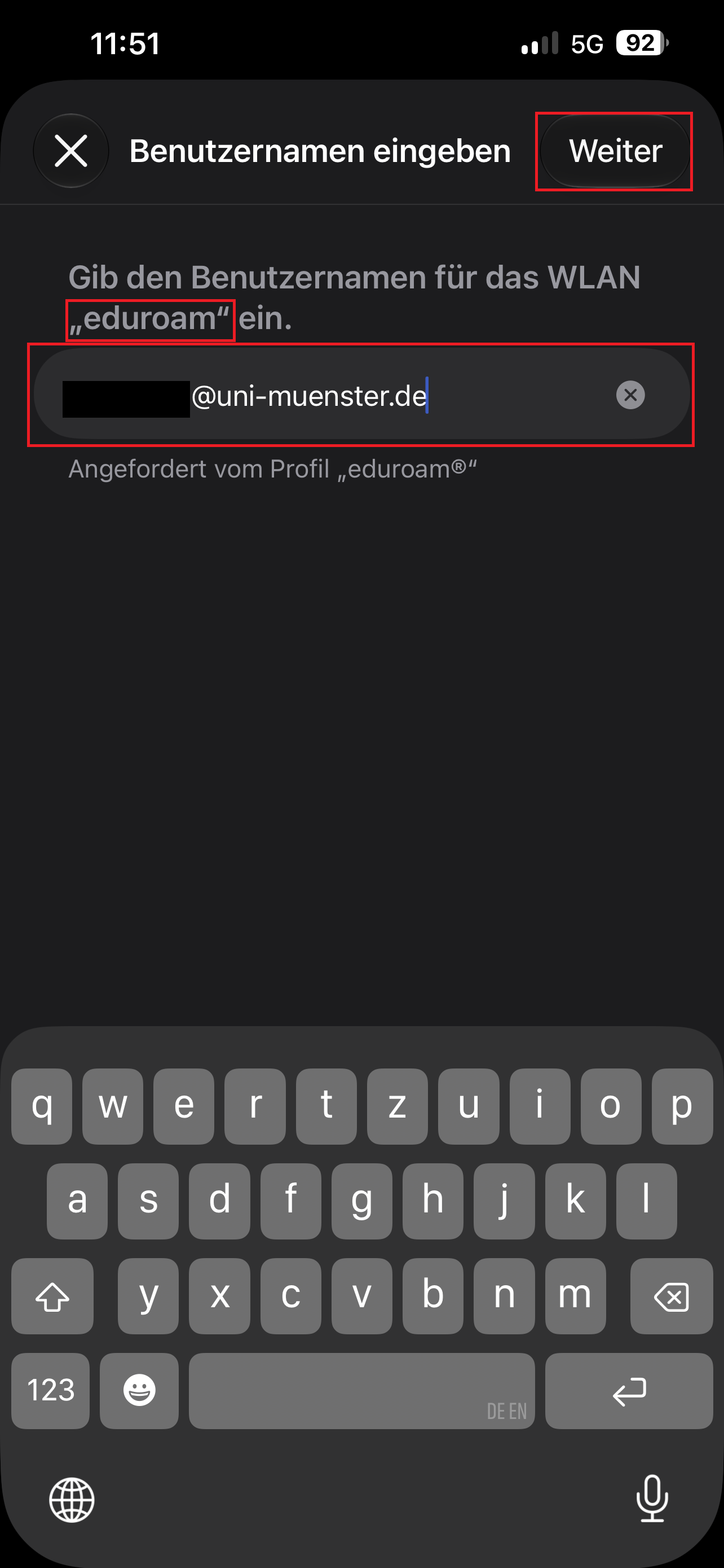 11. Eingabe des Nutzernamens für eduroam