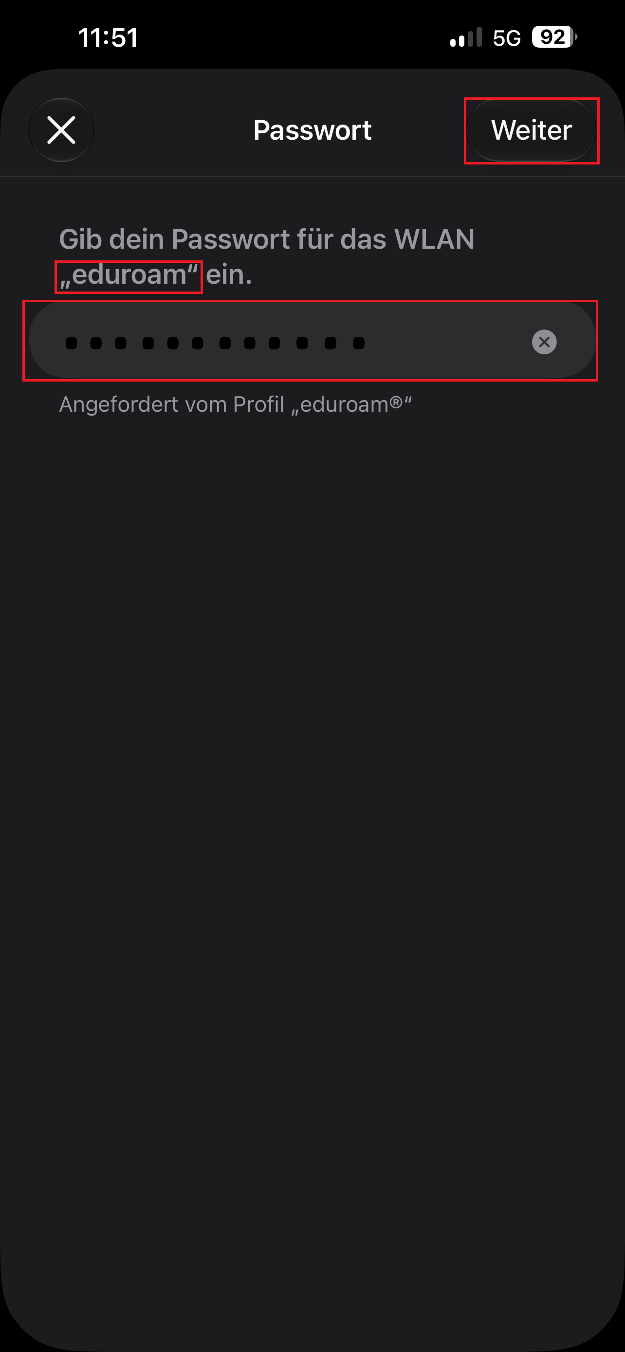 12. Passworteingabe für eduroam