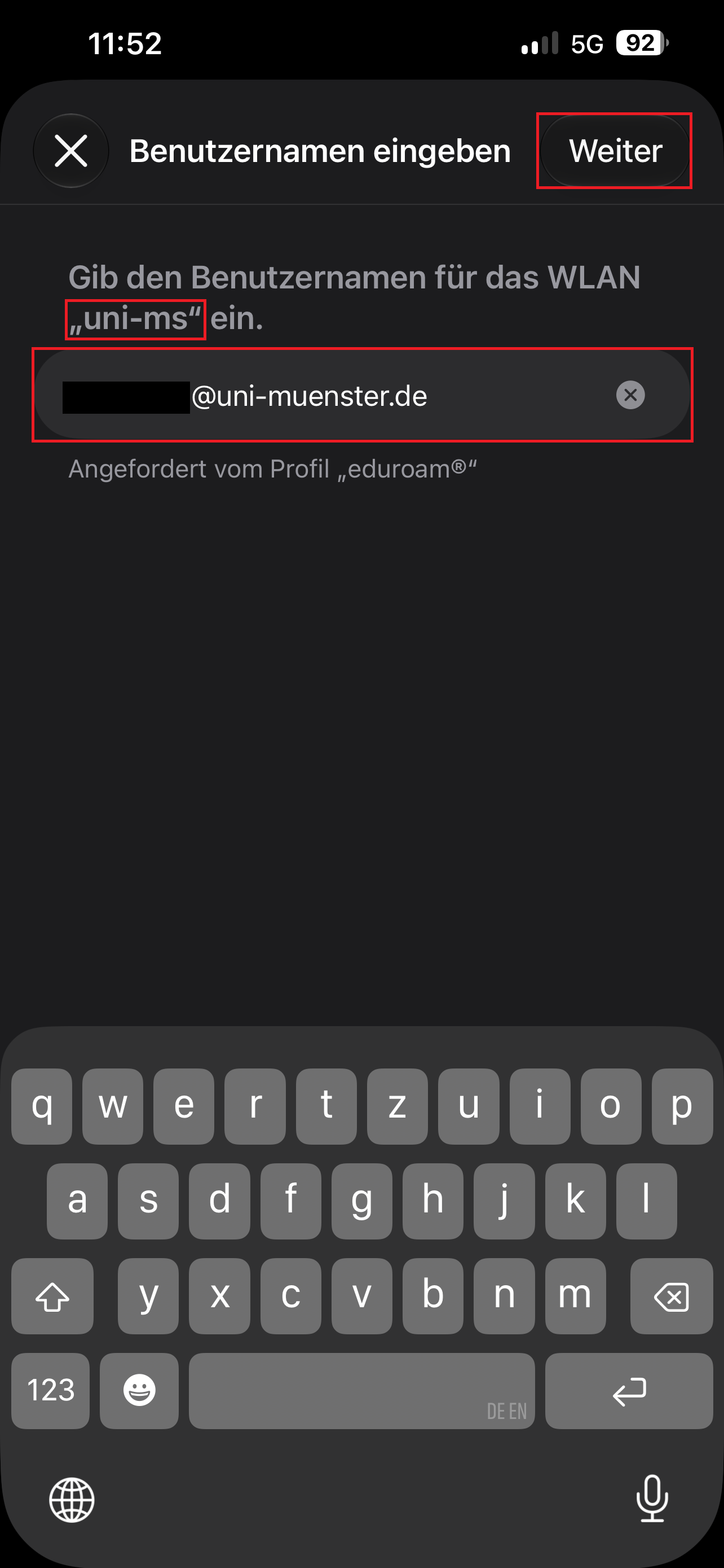 13. Eingabe Nutzername für uni-ms