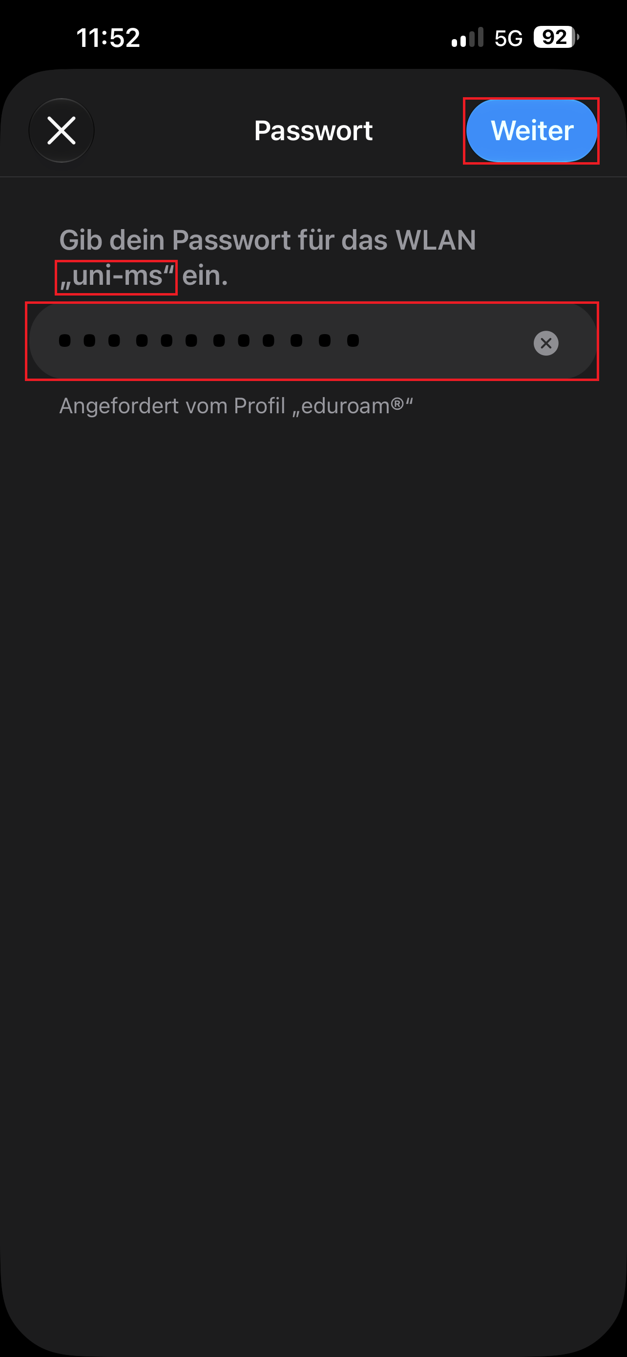 14. Passworteingabe für uni-ms