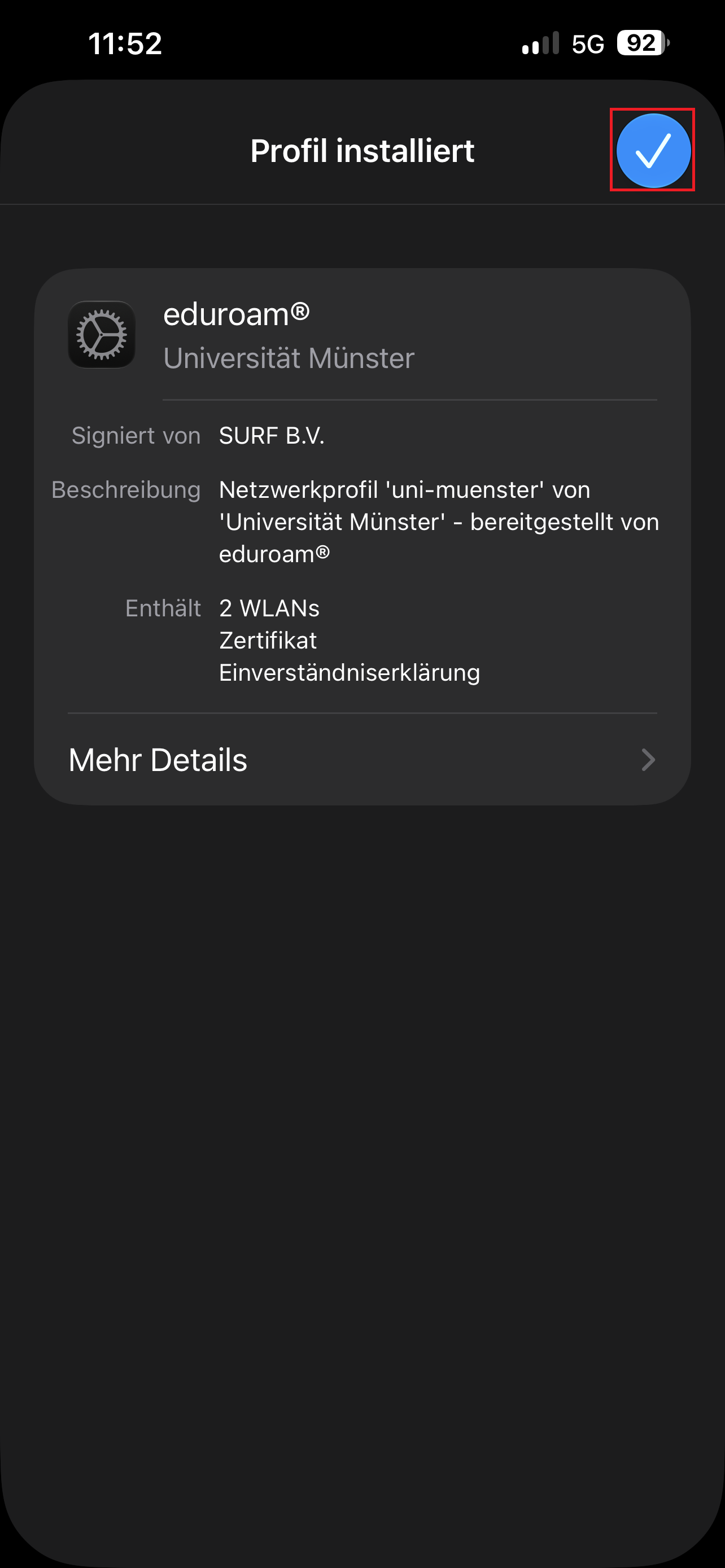 15. Profil erfolgreich installiert