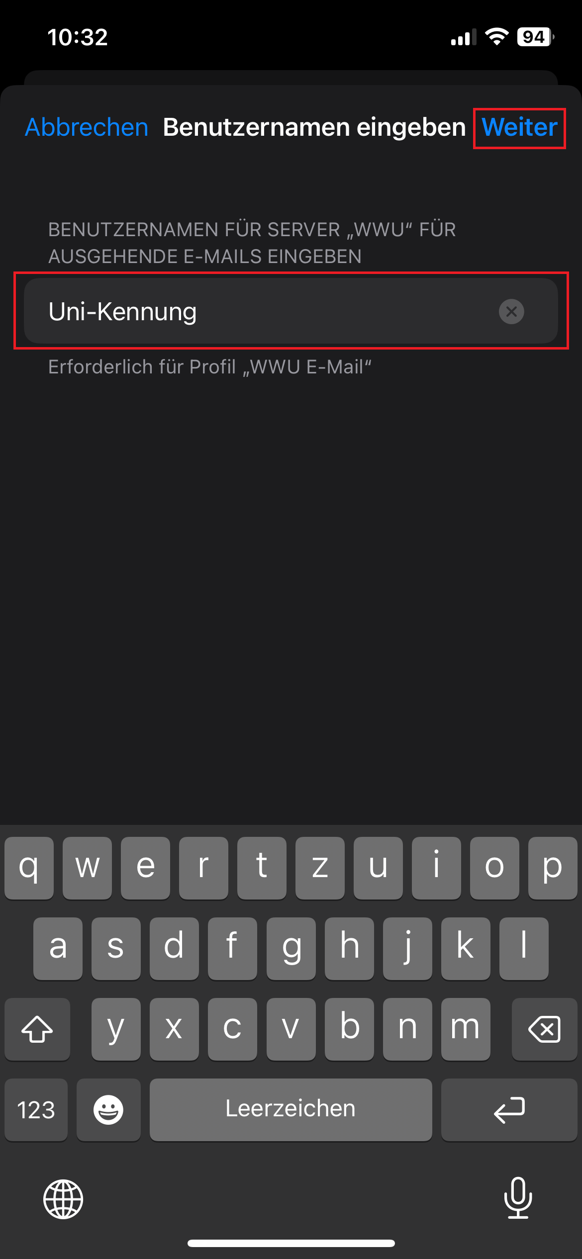 10. Uni-Kennung eingeben
