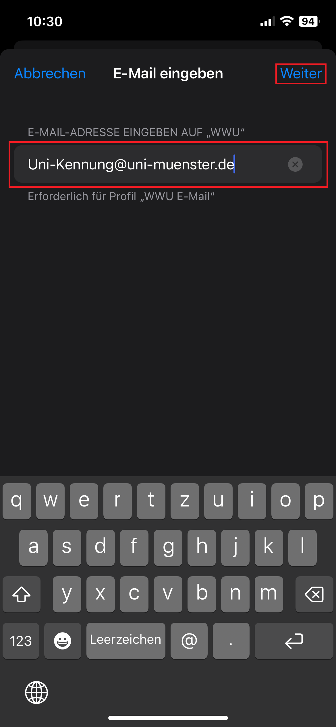 7. Uni-E-Mail-Adresse eingeben