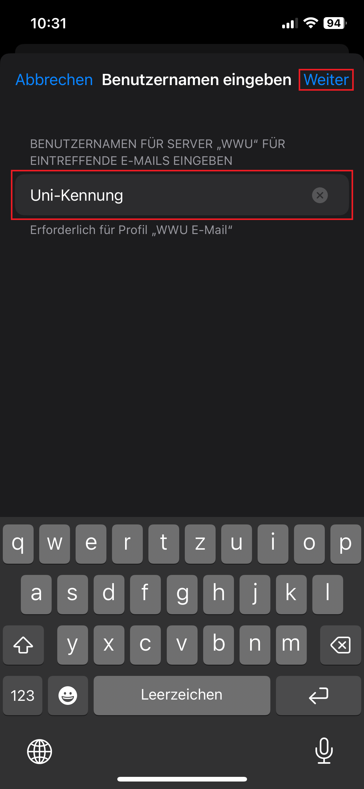 8. Uni-Kennung eingeben