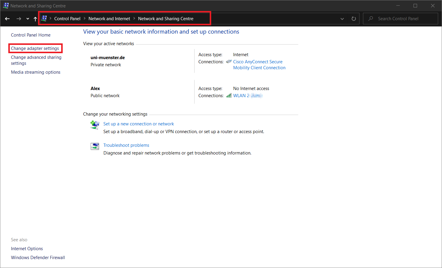 2. Adapter Settings Menu