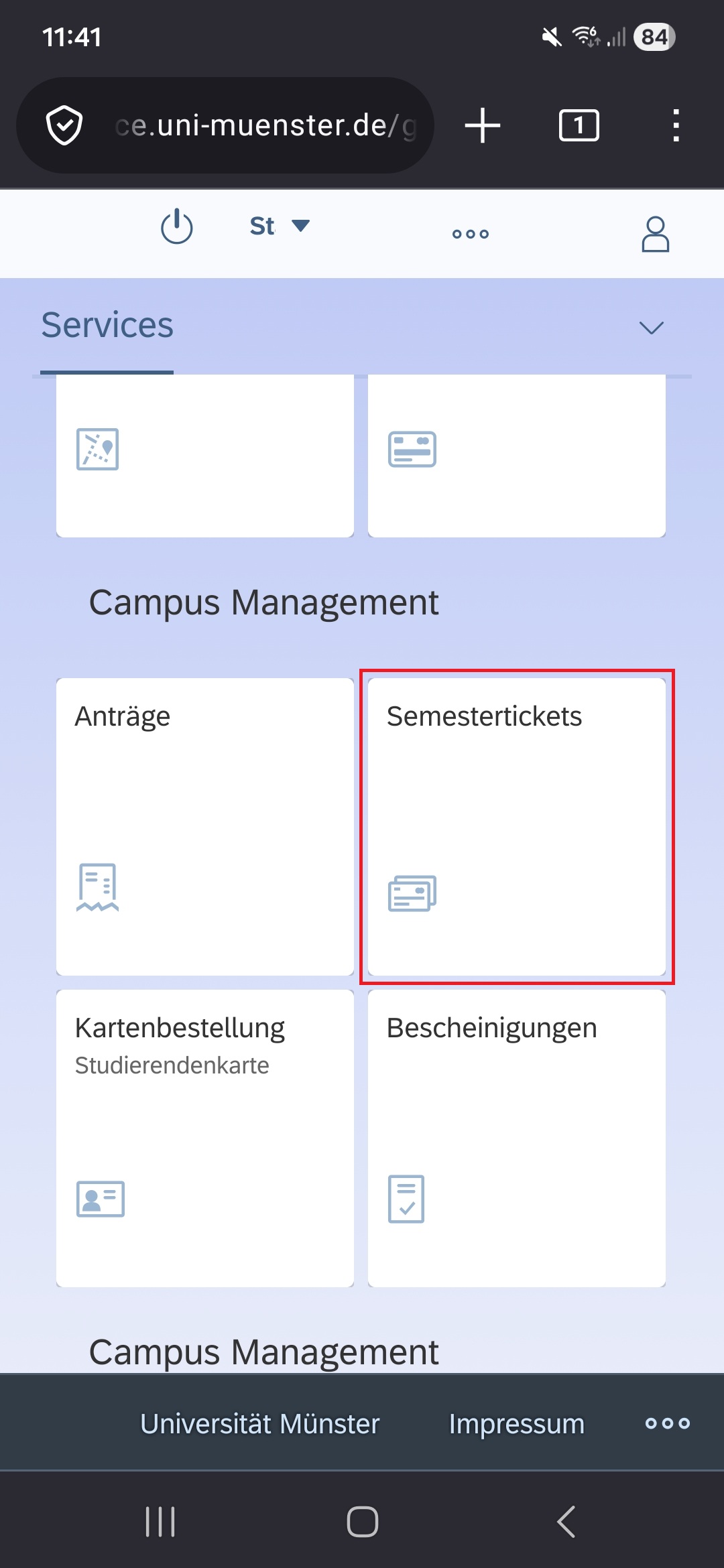 1. "Semesterticket" Kachel öffnen
