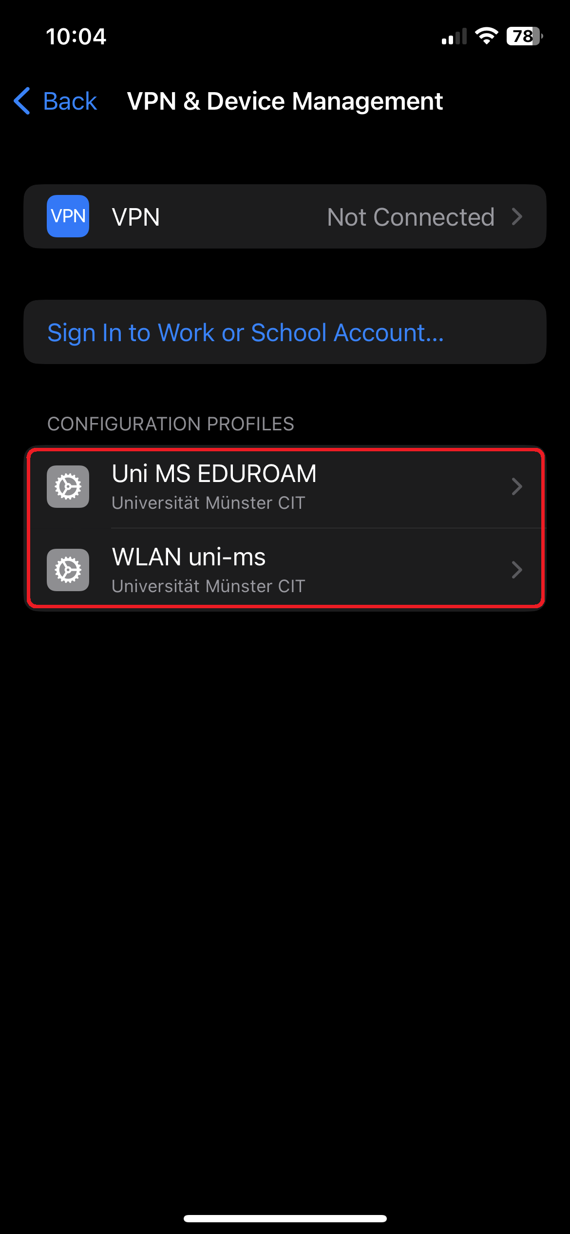 3. Open uni-ms WiFi Profiles