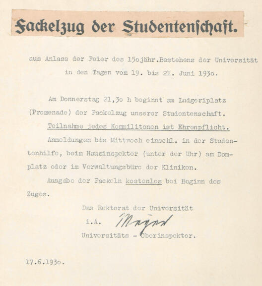 Aushang des Rektorats im Jahr 1930. Universitätsarchiv Münster, Bestand 4, Nr. 118.
