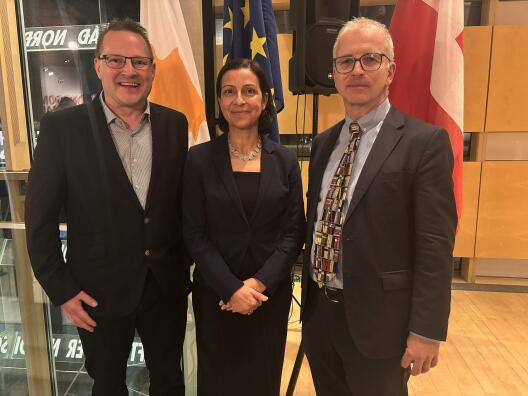 From left to right: Dr Thorsten Kruse, Ambassador Maria Papakyriakou, Prof Michael Grünbart at the Felleshus of the Nordic Embassies in Berlin on 18 December 2025.