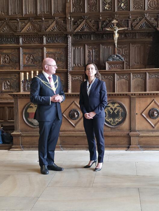 Reception of the Cypriot Ambassador Maria Papakyriakou in the Peace Hall in the Historic Town Hall by the Lord Mayor Markus Lewe.