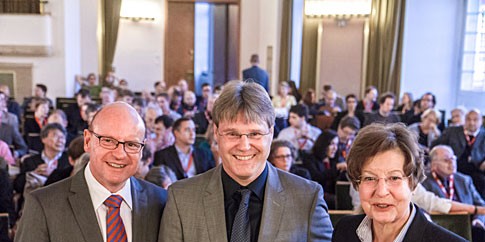 Eröffneten den Kongress: Oberbürgermeister Markus Lewe, Prof. Dr. Michael Quante als Organisator und amtierender Präsident der Deutschen Gesellschaft für Philosophie sowie Rektorin Prof. Dr. Ursula Nelles (v.l.)<address>&copy; WWU - Stefan Klatt</address>