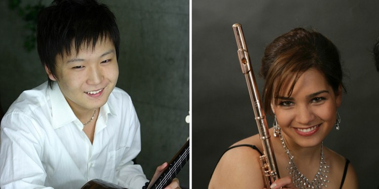 Der 21-jährige Gitarrist Xingye Li und die 27-jährige Flötistin Anita Farkas.<address>&copy; Musikhochschule Münster</address>