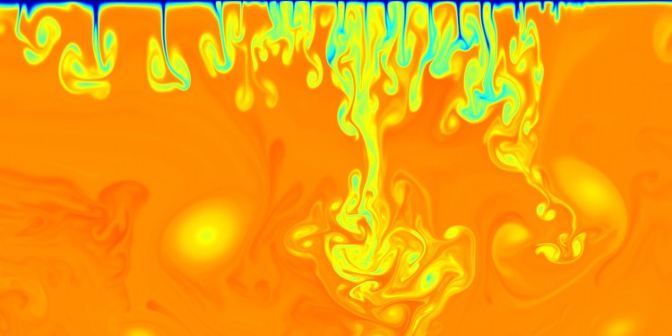 Ein Standbild einer zweidimensionalen Simulationsrechnung von Flüssigkeitsströmungen, die in ähnlicher Form im Erdkern vorkommen. Die verschiedenen Farben stehen für verschiedene Temperaturen der Flüssigkeiten (rot = heiß und blau = kalt).<address>© WWU -Verhoeven</address>