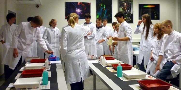 Schülerinnen und Schüler (hier bei einem vorherigen Workshop) entwickeln im MExLab Physik ihr eigenes Hologramm.<address>© WWU/MExLab Physik</address>