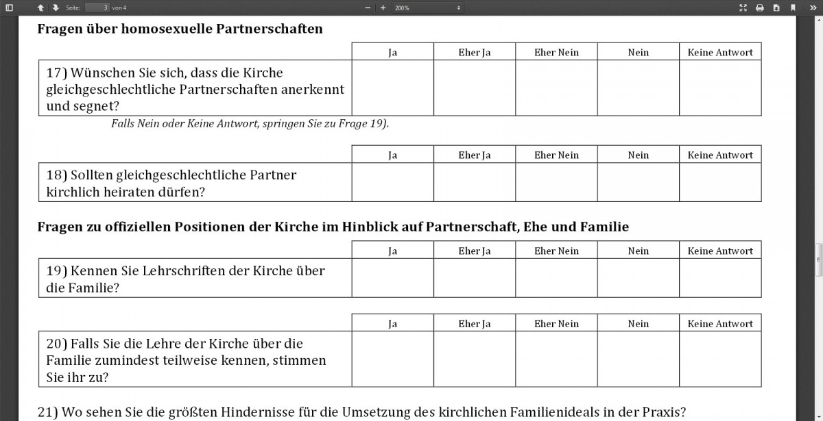 Ausschnitt des deutschen Fragebogens zur Umfrage zu Partnerschaft, Ehe und Familie im katholischen Kontext. © WWU - Screenshot